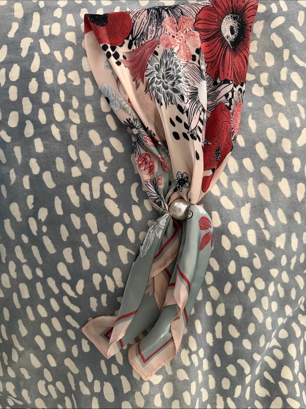 Floral Pink and Sage Silk Scarf with Pearl Ring